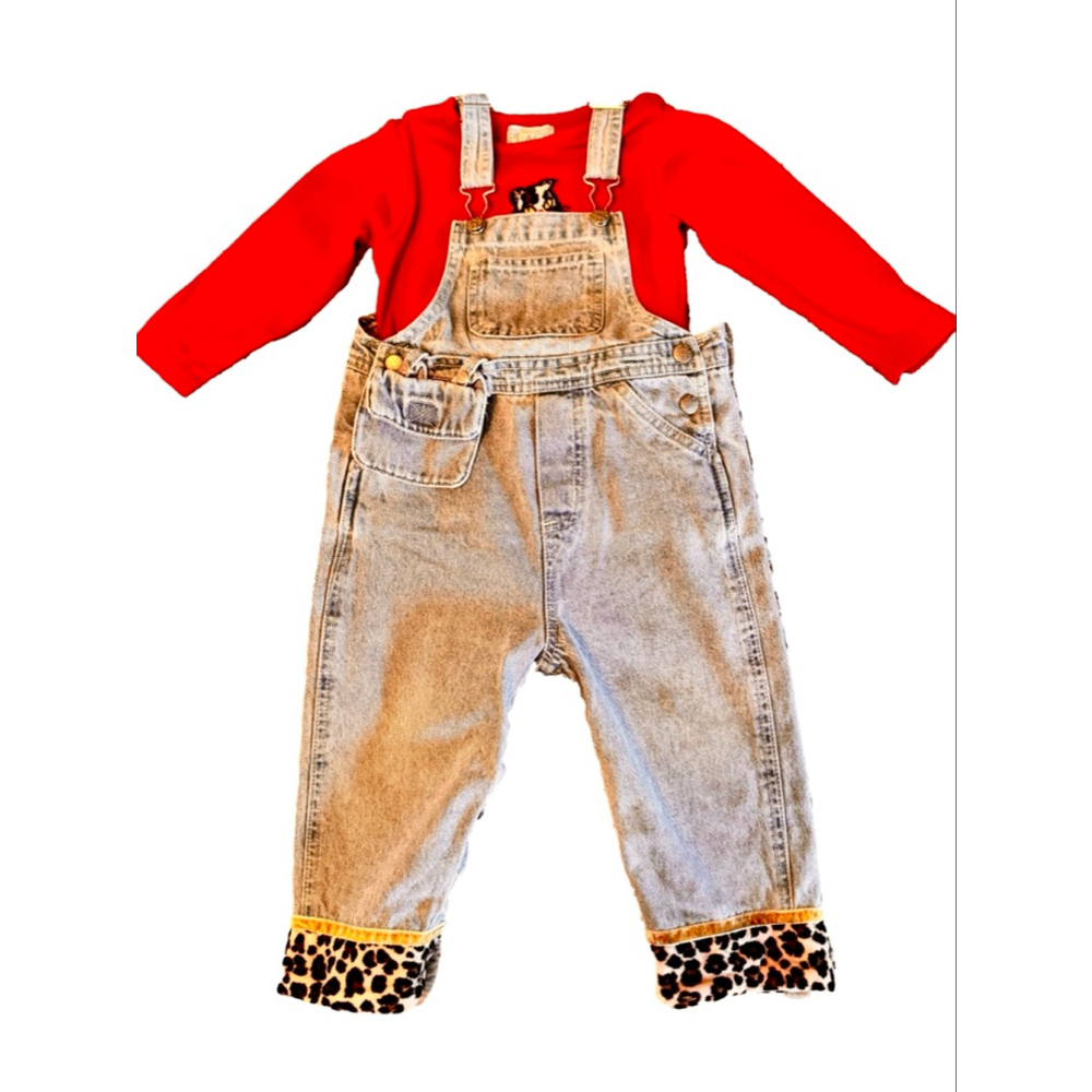 Children’s place denim overalls with leopard cuffs Red bodysuit with leopard cat - Picture 2 of 13